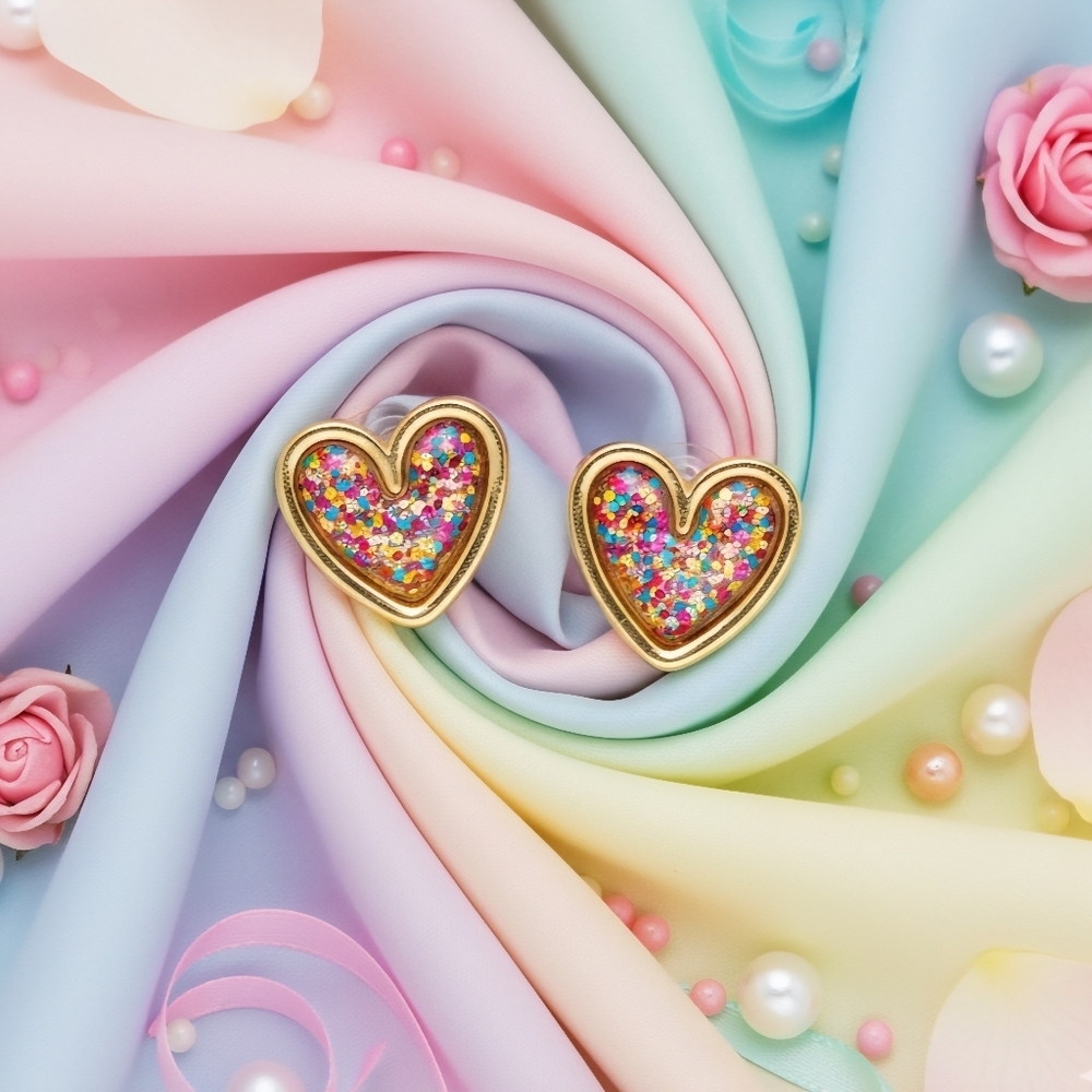 Confetti Heart Stud Earrings Gold Tone Multicolor Glitter Hypoallergenic Cute - Picture 6 of 12